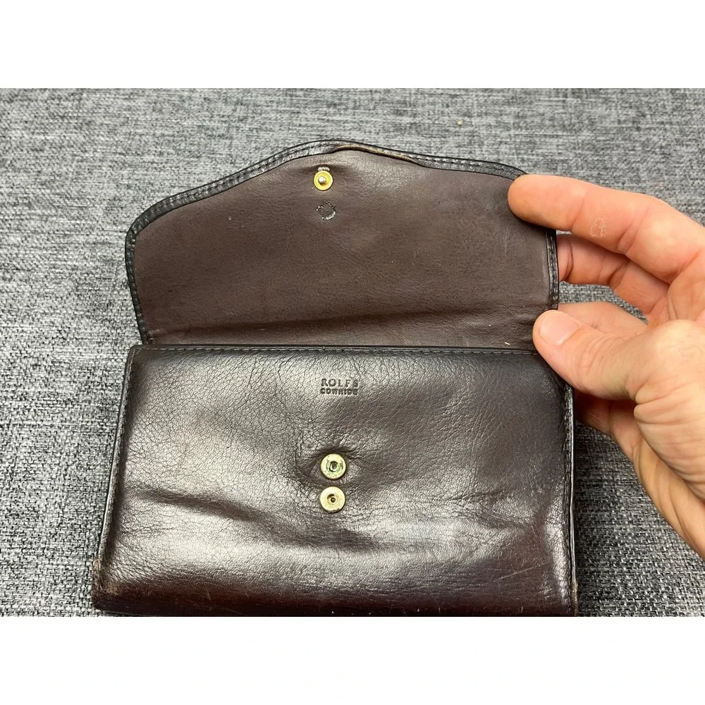 Rolfs Vintage Brown Cowhide Leather Trifold Wallet Braided Trim Kiss Lock Clutch